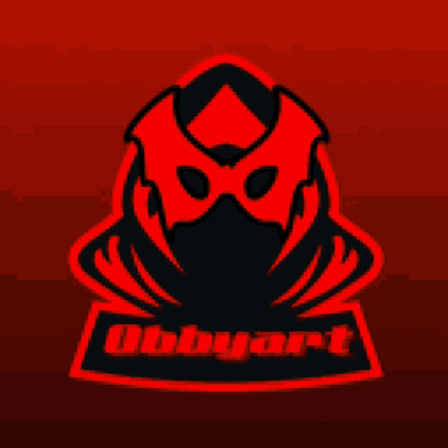 a red and black logo for obbyart with a mask on it