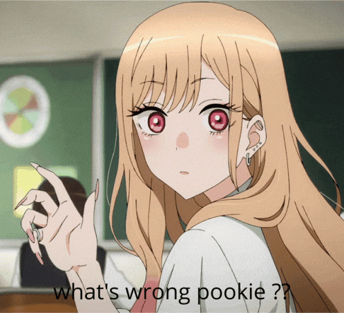 a girl with long blonde hair and red eyes is pointing at something with the words " what 's wrong pookie " written below her