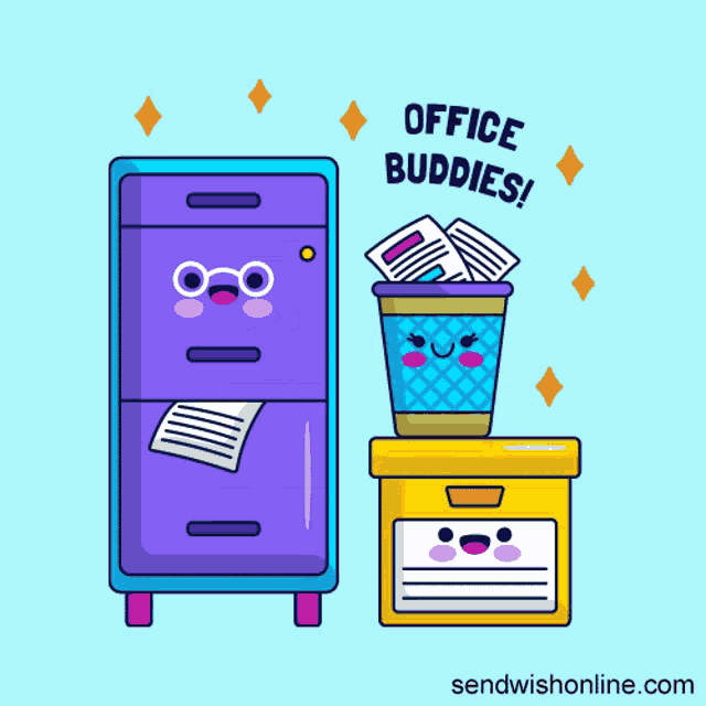 a cartoon illustration of a filing cabinet and a trash can with the words office buddies