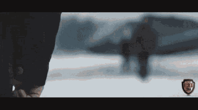 a blurred image of a man walking in the snow with a wb logo in the corner