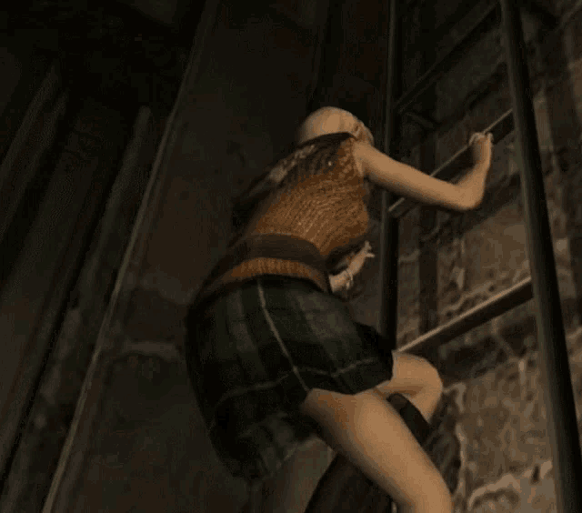 a girl in a plaid skirt is climbing a ladder