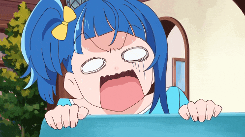 a cartoon girl with blue hair and a yellow bow on her head