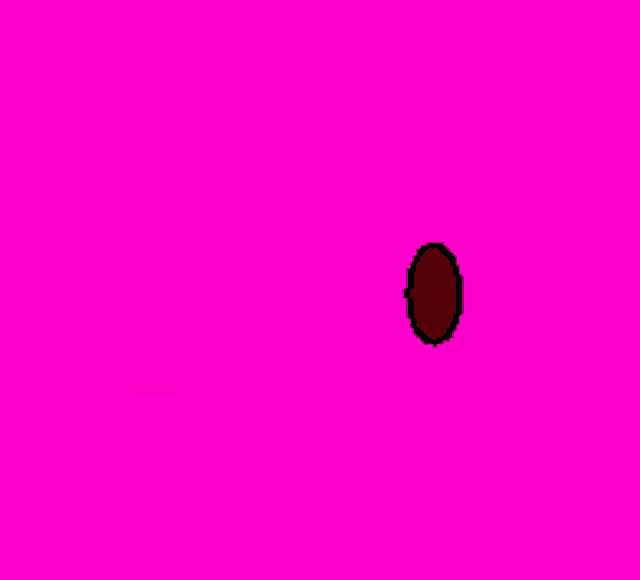 a pixel art drawing of a mouth with a red corner on a pink background