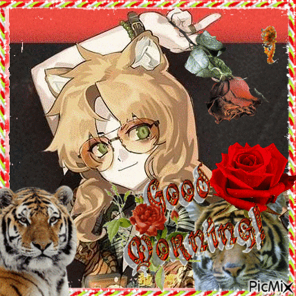a picture of a girl holding a rose with a tiger and the words good morning