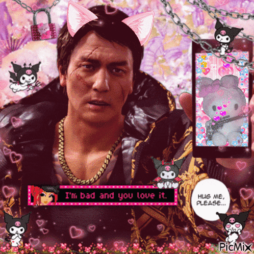 a picture of a man with a cat ear headband and a phone that says i 'm bad and you love it