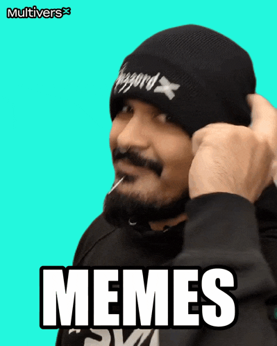 a man with a beard is wearing a beanie that says " memes "