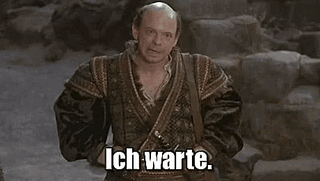 a bald man in a medieval costume is standing in front of a stone wall .