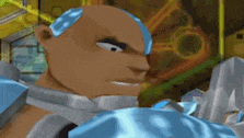 a cartoon character with a bald head and blue hair is standing in a room .