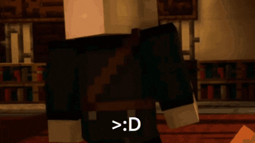 a minecraft character is standing in front of a bookshelf and has a smiley face on his face