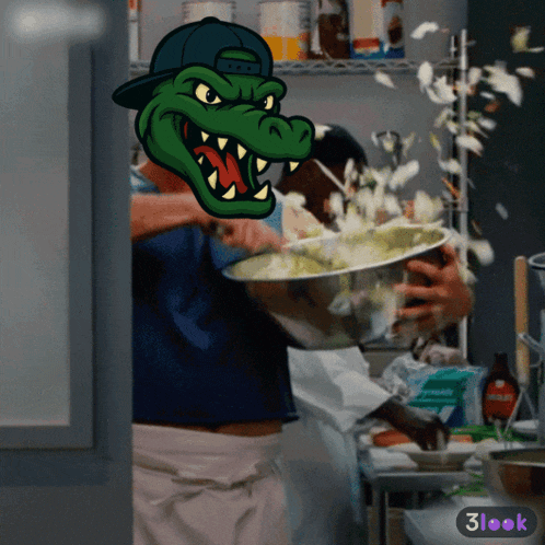 a cartoon of a man with a crocodile 's head holding a bowl of food