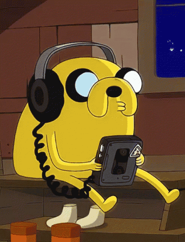 a cartoon character is wearing headphones and holding a cassette tape player