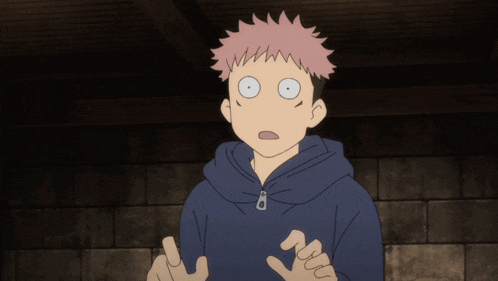 a boy with a surprised look on his face is wearing a blue hoodie