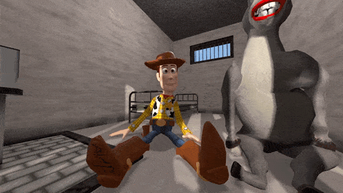 woody from toy story sits on the floor next to a statue of a horse