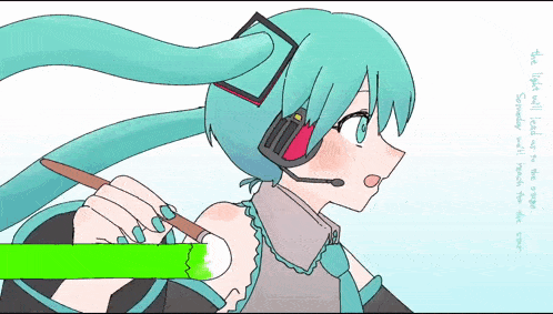 a drawing of hatsune miku holding a brush and a green ribbon