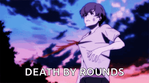 a cartoon of a person with the words death by rounds written below them