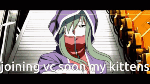 a girl with green hair is standing on a set of stairs with the words joining ve soon my kittens