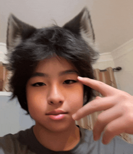 a young boy with cat ears on his head makes a funny face