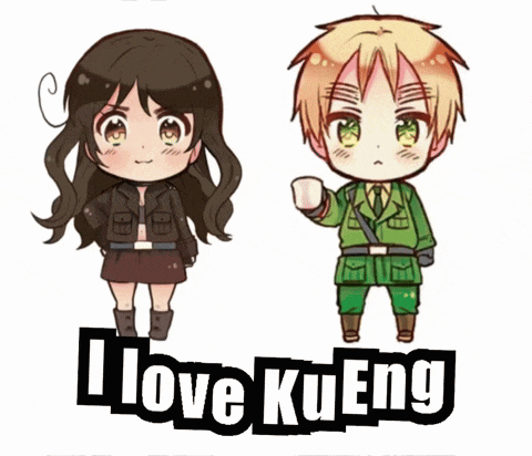 a girl and a boy are standing next to each other with the words i love kueng behind them