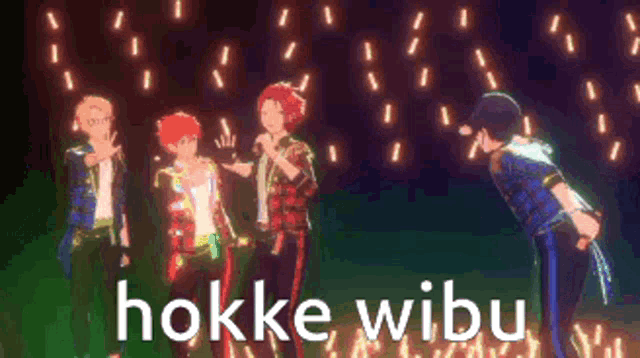a group of anime characters are standing on a stage with the words hokke wibu written on the bottom .