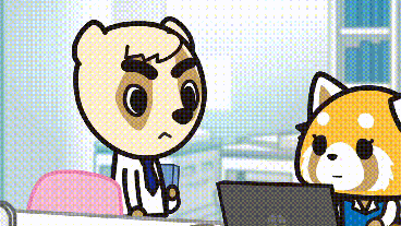 a cartoon panda is sitting at a desk next to a red panda .