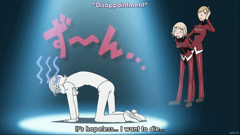 a cartoon of a man on his knees with disappointment written on it