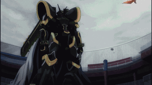 a black and gold robot is standing in front of a stadium