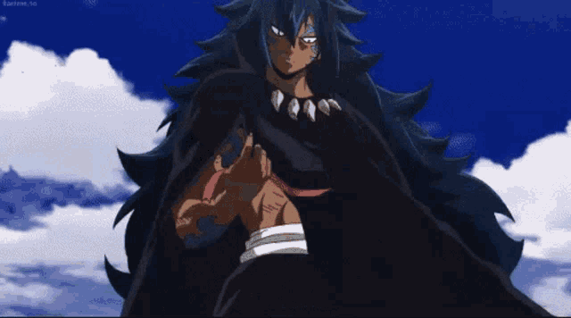 a cartoon character with long black hair is standing in front of a blue sky and clouds .