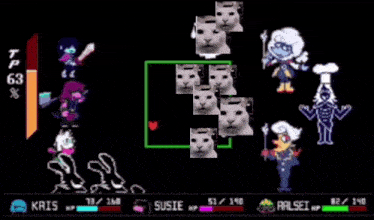 kris and susie are fighting each other in a video game and kris has 63 hp
