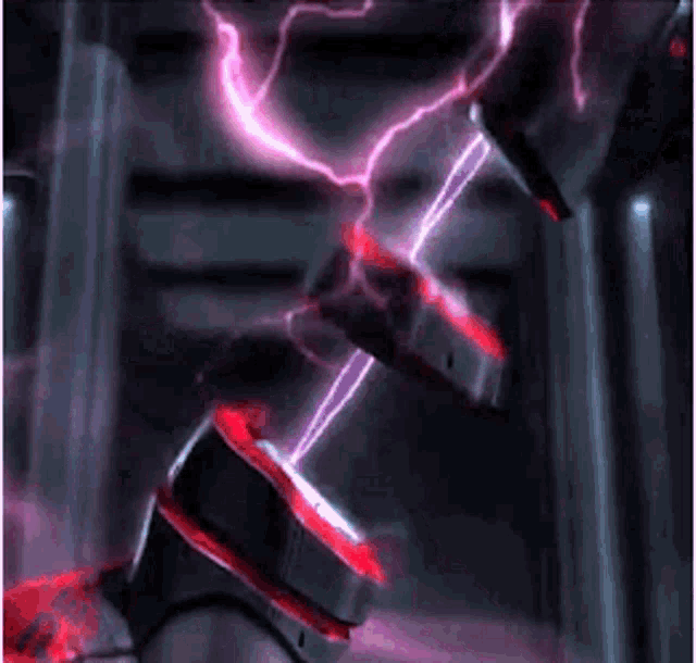 a purple lightning bolt is coming from a machine in a dark room