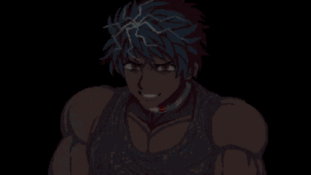 a pixel art drawing of a boy with blue hair and purple eyes