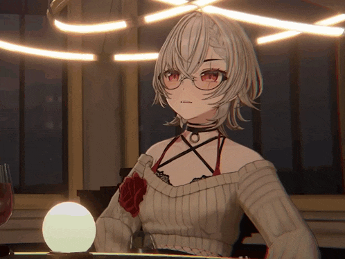 a girl wearing glasses and a choker stands in front of a light