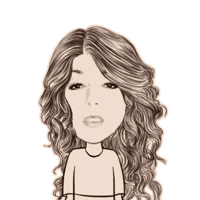 a cartoon drawing of a woman with long curly hair and a serious look on her face .