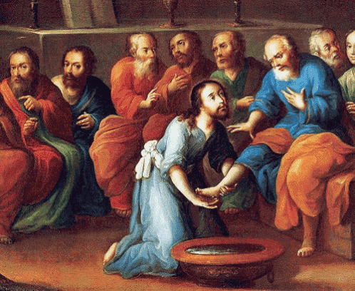 a painting of jesus washing a man 's feet