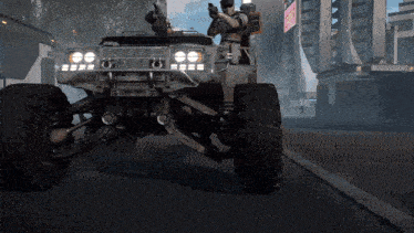 a video game character is driving a vehicle with a large tire on the side of it
