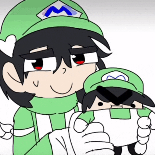 a cartoon of a man in a green hat holding a smaller man in a green hat