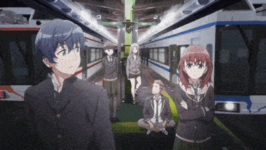 a group of anime characters standing next to each other on a train platform