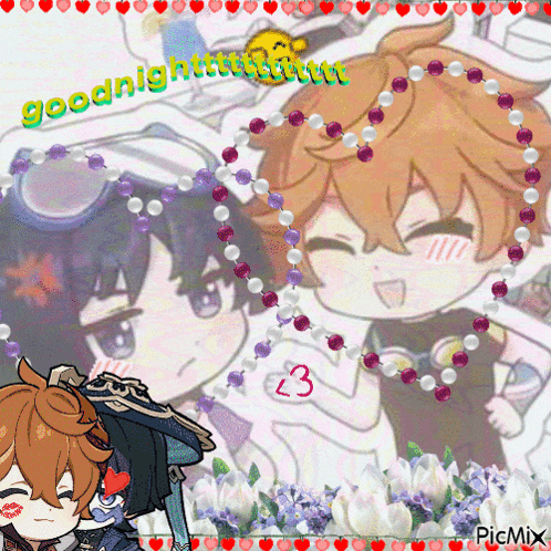 a picture of two anime characters with the words goodnight written in green