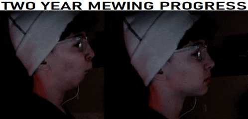 two pictures of a person with the words " two year mewing progress " below them