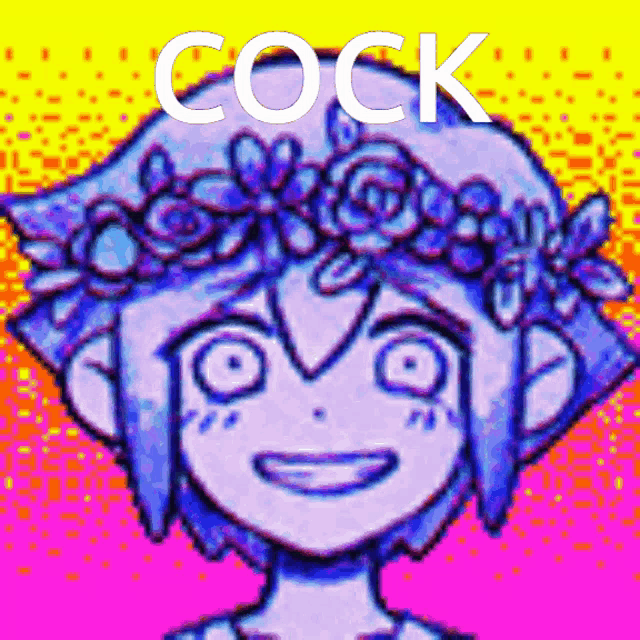 a cartoon of a girl with a flower crown on her head and the word cock written above her