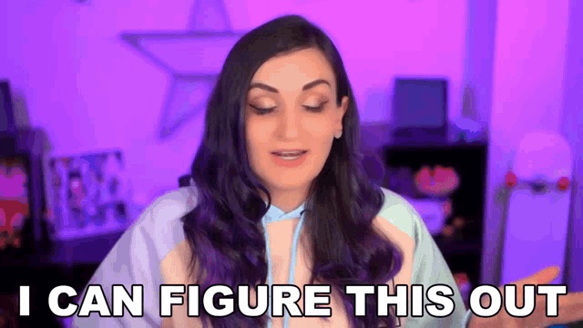 a woman with purple hair is standing in front of a purple background and says i can figure this out