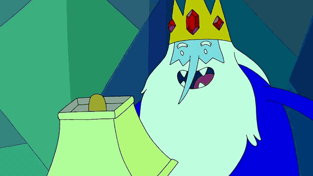 a cartoon of ice king wearing a crown and holding a lamp