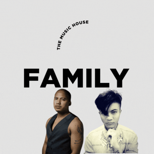 two men are standing in front of a logo that says family