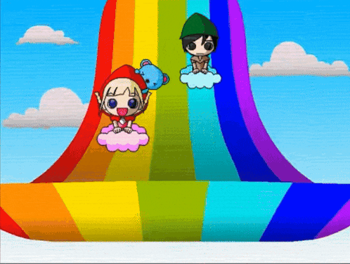 a boy and a girl are sitting on a rainbow slide