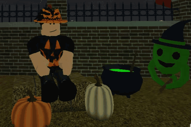 a person wearing a pumpkin hat sits next to a cauldron