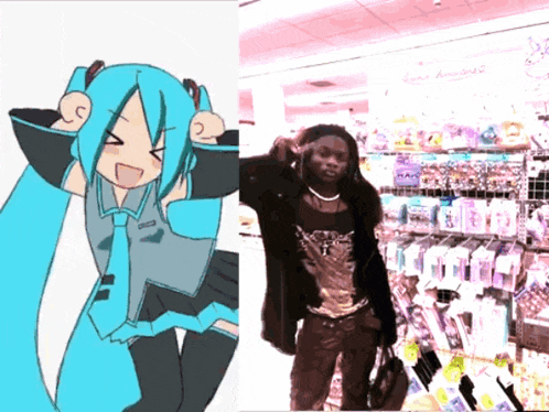 a drawing of hatsune miku and a picture of a man in a store