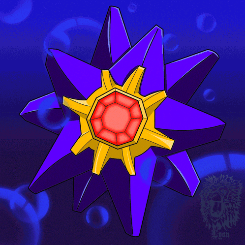a purple star with a yellow center is surrounded by blue water