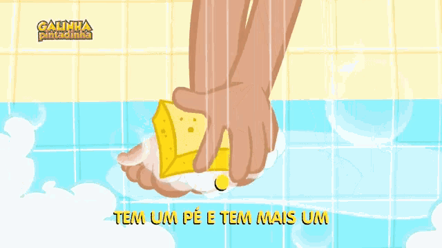 a cartoon drawing of a person washing their feet with the words tem um pe e tem mais um