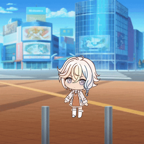 a cartoon character is standing on a sidewalk in front of a building with a sign that says ' welcome ' on it