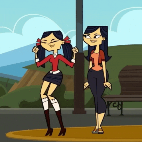 two cartoon girls are standing next to each other and one has a red bow on her hair