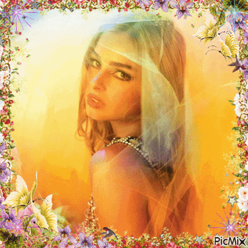 a picture of a woman with a veil on her head is surrounded by flowers and butterflies with the caption picmix